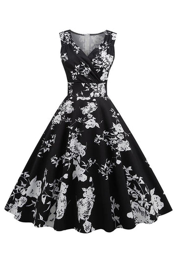 Negro V Cuello Estampado Sin Mangas 1950s Vestido